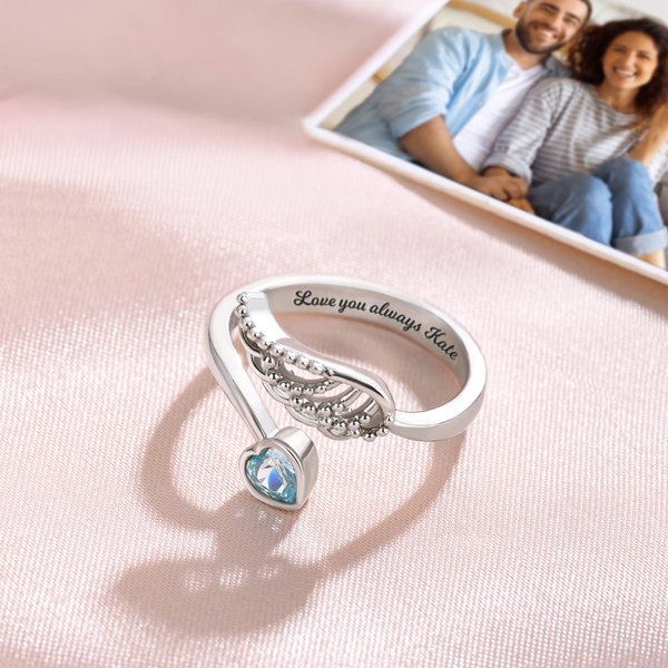 Bague en Argent Sterling Personnalisée avec Pierre de Naissance Forme Coeur et Aile d'Ange Cadeau d'Anniversaire pour Femme