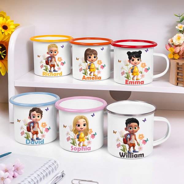 Personlig blomst sommerfugl 3D-tegneseriefigur bærbar 12 oz emaljekopp med navn jubileum bursdagsgave til gutter jenter