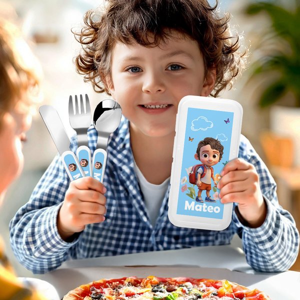Personalised 3D Cartoon Character Kid's Fork Spoon Knife 3 Pcs Cutlery Set with Name and Case Back to School Season Birthday Gift for Boys Girls