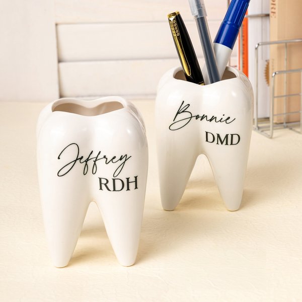 Personalised Tooth Shape Pen Holder Planter with Name Office Desk Decor Graduation Gift for Dentist Dental Hygienist