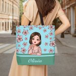 Personalizado de dibujos animados Chica Volando Nacimiento Flor Bolsa grande con nombre Uso diario Viaje Esencial Cumpleaños Aniversario Regalo para Mujeres
