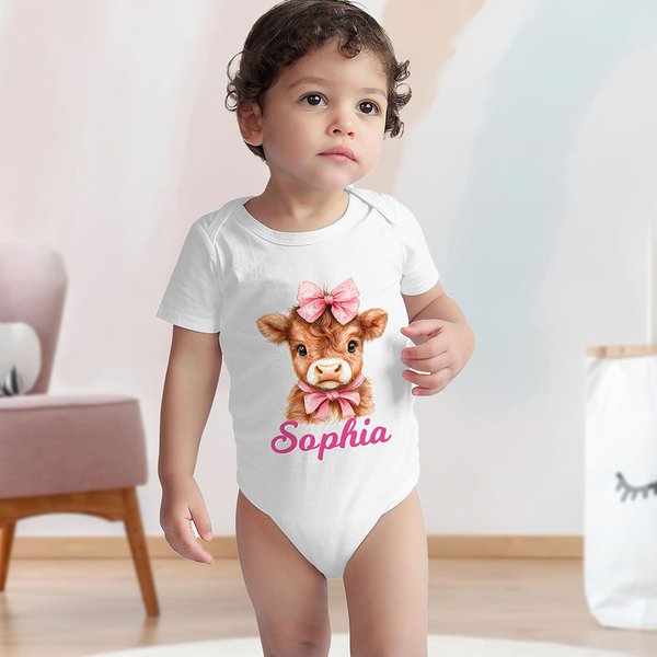 Gepersonaliseerd Schattig Hoogland Koe 100% Katoenen Baby rompertje met Naam Volle Maan Baby Shower Gift voor Baby Meisje Jongen