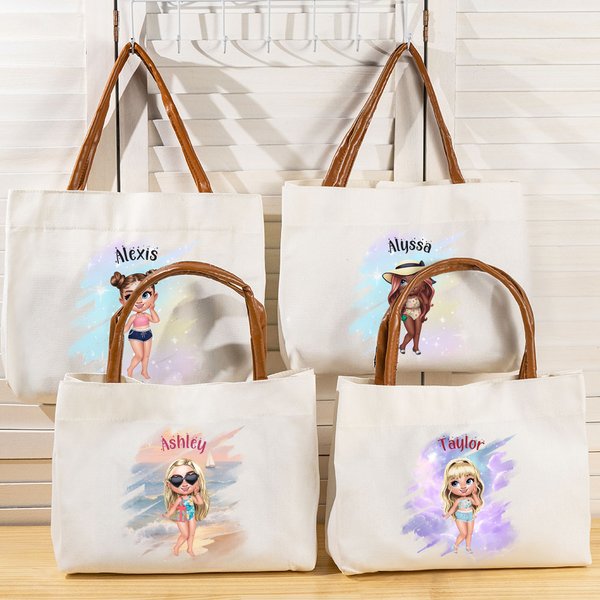 Gepersonaliseerde zomer glanzende mode Cartoon meisje grote canvas tas met lederen handvat strand vakantie accessoires verjaardagscadeau voor meisjes vrouwen