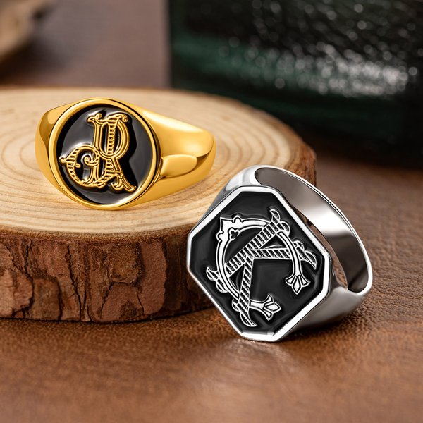 Anillo de sello personalizado con monograma de iniciales entrelazadas y texto grabado regalo de cumpleaños y compromiso para hombres
