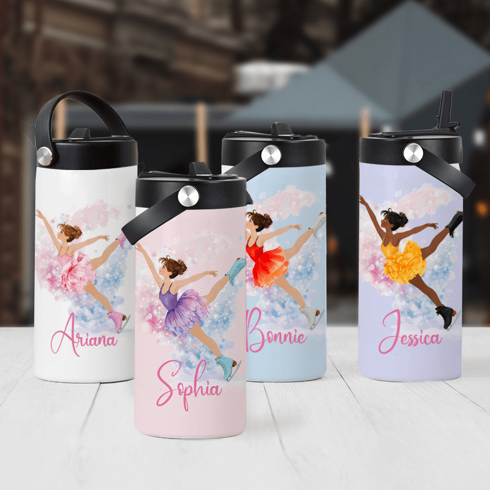 Personalized Dreamy Figure Skating Girl Cup with Birth Flower and Name, 15oz Leakproof Water Bottle with Straw & Handle, Gift for Skating Lovers