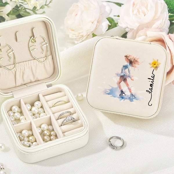 Boîte à bijoux personnalisée en cuir PU avec nom pour la naissance d'une fille patineuse Cadeau d'anniversaire pour les femmes