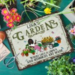 Personalised Retro Garden Cartoon Character Metal Sign with Name Garden Yard Decor Housewarming Birthday Gift for Mom Grandma Friends Gardening Lovers