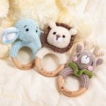 Personalised Cute Bear Lion Crochet Baby Rattle Toy Wooden Infant Teether with Engraved Name Baby Shower Birthday Gift for Newborn