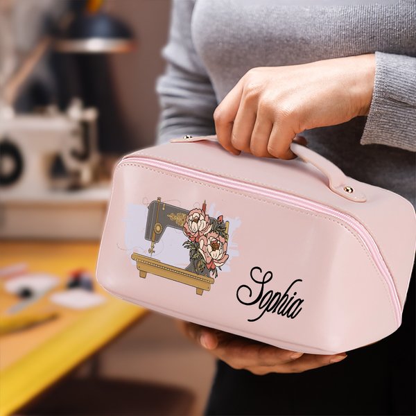 Personlig födelseblomma symaskin bred öppning PU läder sminkväska med namn reseförpackning födelsedag bröllopsgåva för kvinnor