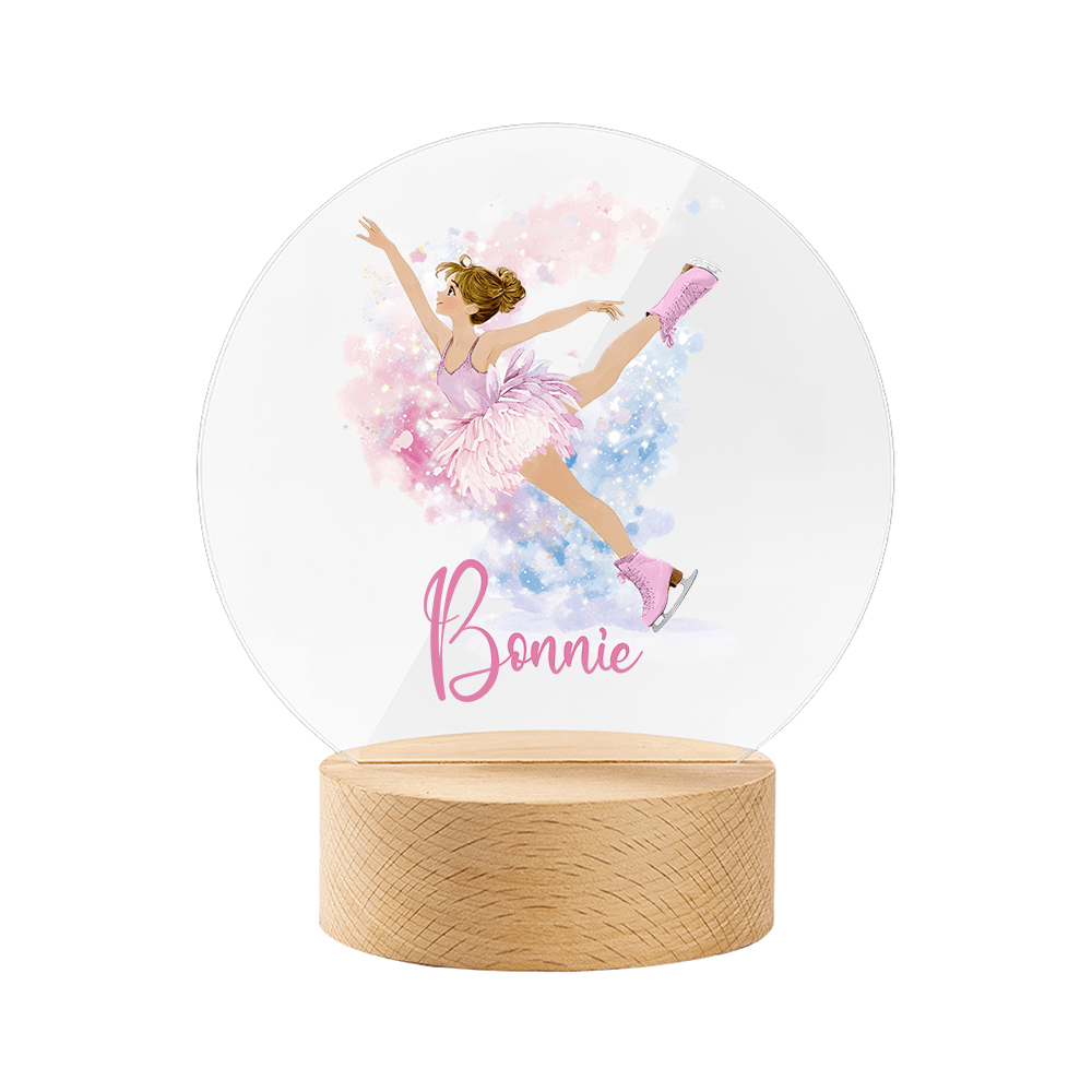 Personalized Dreamy Figure Skating Girl Night Light with Birth Flower and Name, LED Night Lamp with Wooden Base, Home Decor, Gift for Skating Lover