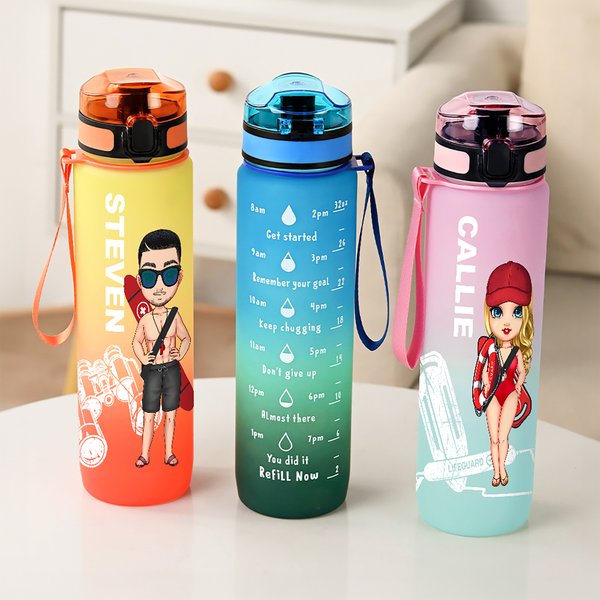 Gepersonaliseerde Cartoon Lifeguard Rescue Gear Element 32 oz Gradient Sport Water Bottle met Naam en Tijd Marker Dankbaarheid Verjaardagscadeau voor Lifeguards