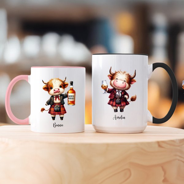 Personlig morsomt Highland Cow Scotch Whisky keramisk krus med navn Bursdagsgave til Highland Cow-elskere