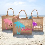 Sac Fourre-Tout en Jute Personnalisé avec Motif Palmier Nom et Texte Cadeau Anniversaire Plage Mariage pour Femmes et Demoiselles d’Honneur