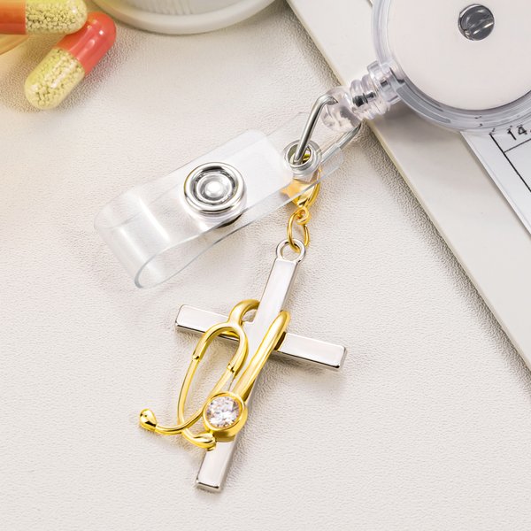 Personalized Medical Stethoscope Cross Badge Reel Charm with Birthstone Nurse Week Graduation Birthday Gift for Nurses Doctors