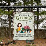 Personalised Vintage Garden Cartoon Character Metal Sign with Name Garden Decor Housewarming Birthday Gift for Grandma Mom Gardening Lovers