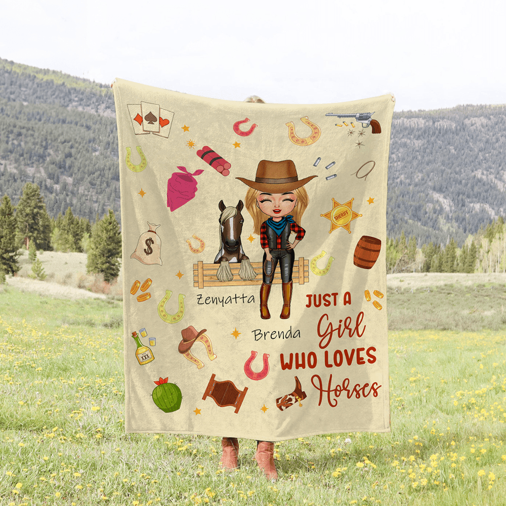 Personalized Western Cowgirl and Horse Clipart Blanket with Name, Soft Flannel Sherpa Throw Blanket for Home Decor, Gift for Horse Lovers