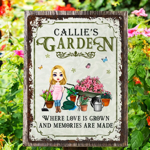 Gepersonaliseerd Vintage Tuin Cartoon Karakter Metalen Bord met Naam Tuin Decor Housewarming Verjaardagscadeau voor oma Mam Tuinieren liefhebbers