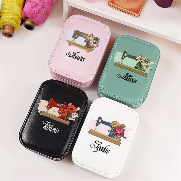 Personalised Watercolour Sewing Machine Birth Flower PU Leather Jewellery Box with LED Three-colour Makeup Mirror Travel Essential Birthday Gift for Women