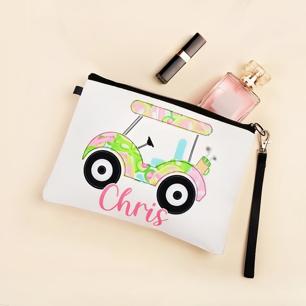 Bolsa de maquillaje de lino para carrito de golf personalizada con nombre y correa para la muñeca Regalo de cumpleaños para los amantes del golf
