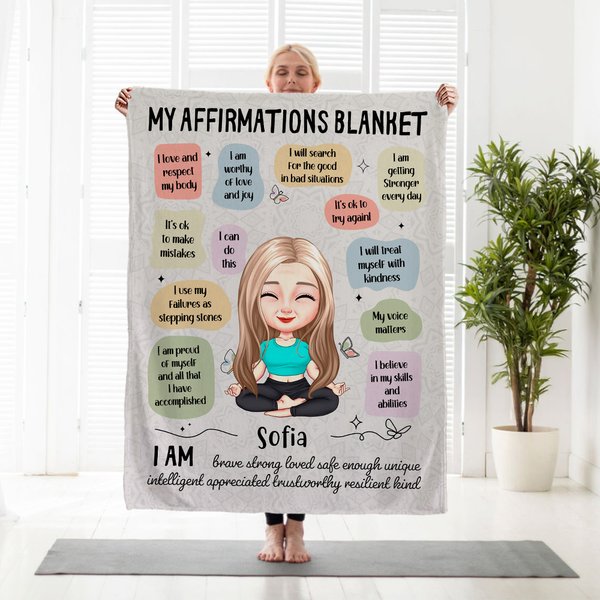 Henkilökohtainen Butterfly Cartoon Yoga Character Affirmations Soft Throw Blanket kanssa nimi Home Decor Syntymäpäivälahja Joogan ystäville Naiset Tytöt