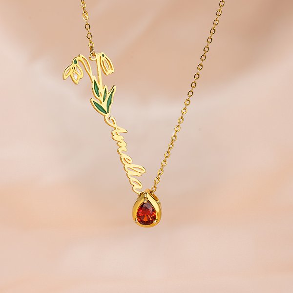 Personalised Birth Flower Birthstone Necklace with Sideways Name Minimalist Jewellery Valentine's Day Birthday Gift for Women