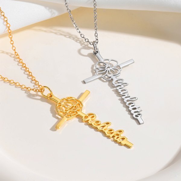 Personalizzato Squisito Collana Croce Fiore Nascita Hollow con Nome Religioso Donne Gioielli Compleanno Anniversario Battesimo Regalo per Cristiano