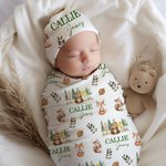 Personalised Cute Butterfly Rabbit Bird Woodland Animals Swaddle Blanket and Knot Hat Set with Name Baby Shower Birthday Gift for Newborns