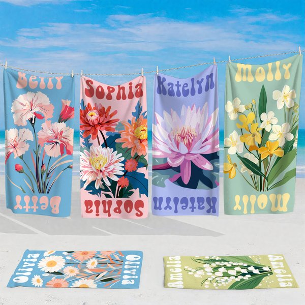 Spersonalizowany ręcznik plażowy Watercolor Birth Flower Quick Dry Oversized Beach Towel z imieniem Summer Beach Party Travel Essentials Birthday Gift for Women