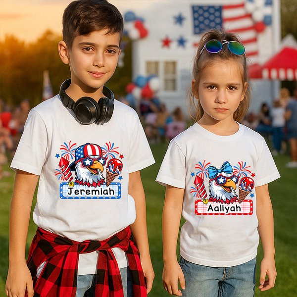 Personalized Eagle Fireworks Multicolor Soft Kid T-shirt with Name Patriotic 4th of July Independence Day Gift for Boys Girls