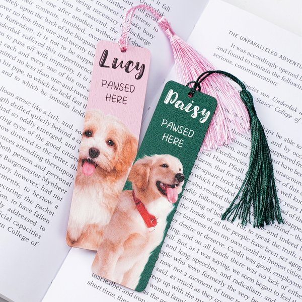 Segnalibro fotografico personalizzato Pawsed Here Dog Cat con nappina e nome Forniture scolastiche Compleanno Anniversario Regalo per gli amanti degli animali domestici