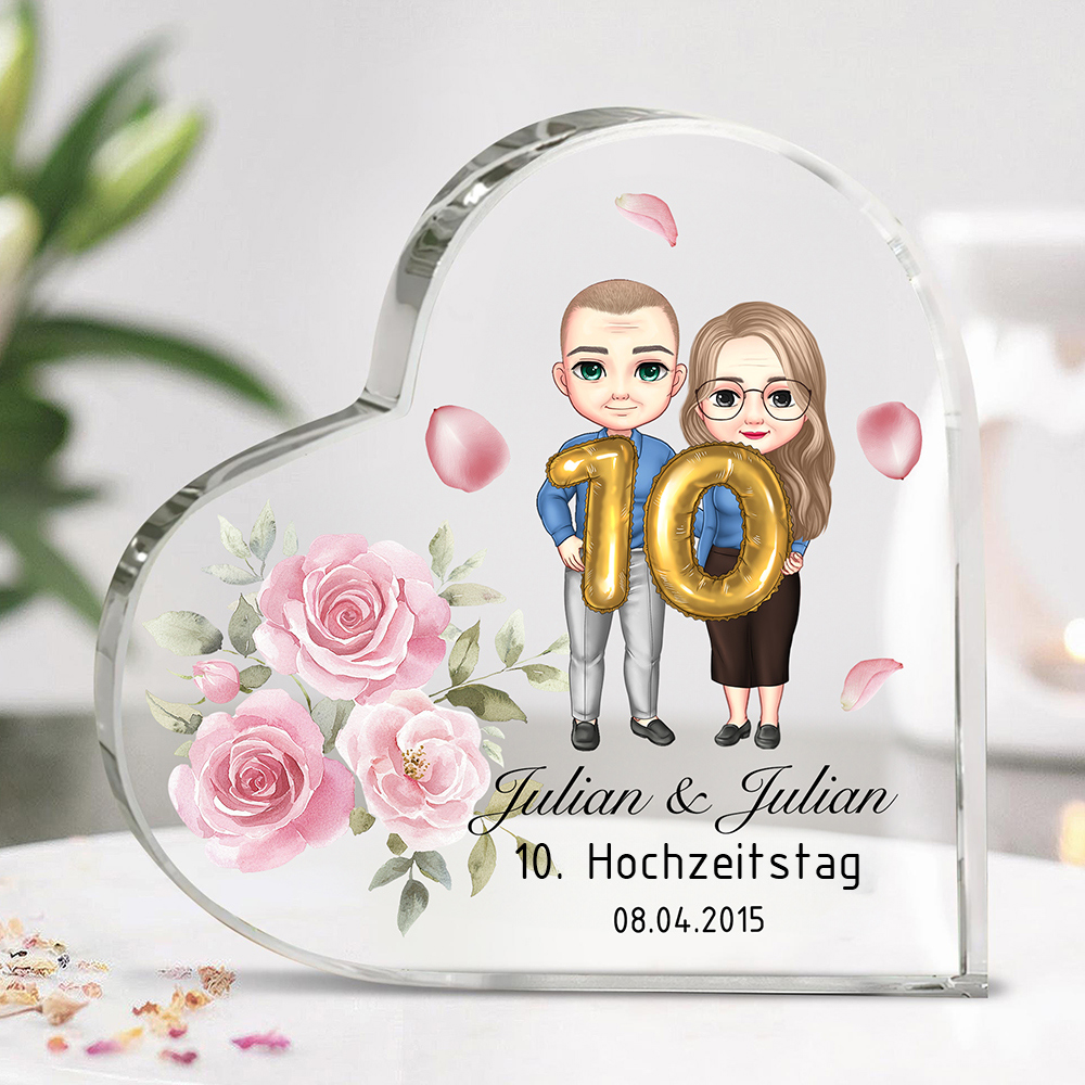 Personalisierte Cartoon Paar Herzförmige Acryl-Plakette mit Namen und Segen Valentinstag Hochzeit Jahrestag Geschenk für Ehemann Ehefrau
