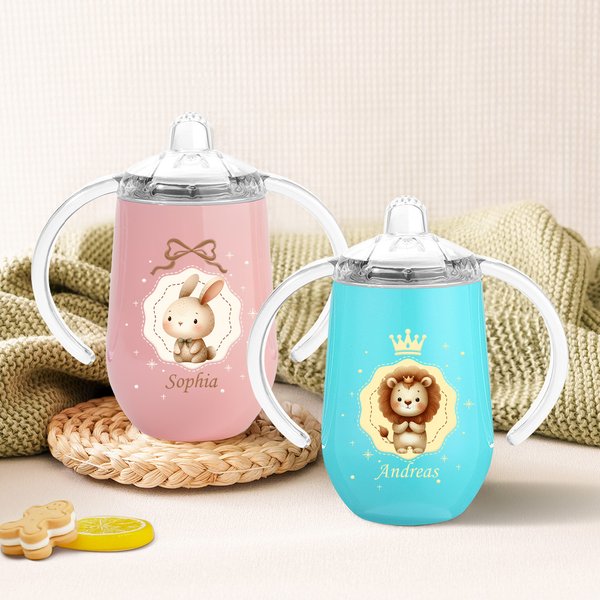 Personalised Crown Bow Animals 10 oz Insulated Name Sippy Cup with Lid and Handle Birthday Baby Shower Back to School Gift for Toddler Kids