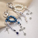 Gepersonaliseerde Kruis Schelp Kralen Engel Sleutelhanger met Naam Eerste Communie Doop Cadeau voor Christelijke Vrouwen Peettante