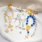Gepersonaliseerde Kruis Schelp Kralen Engel Sleutelhanger met Naam Eerste Communie Doop Cadeau voor Christelijke Vrouwen Peettante