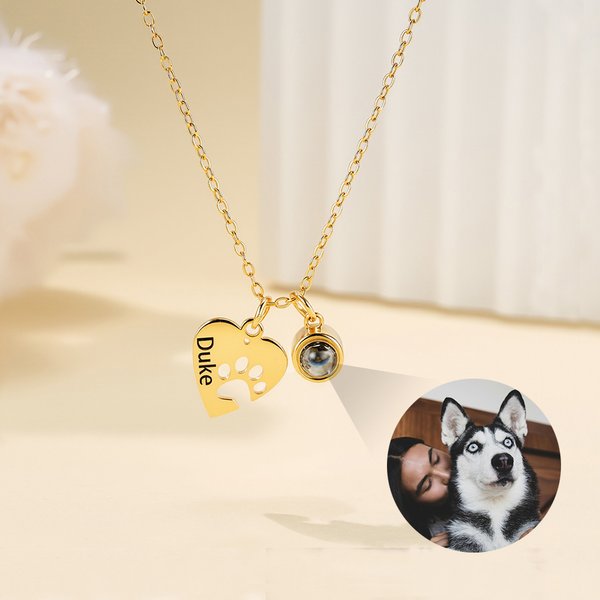 Personalised Heart Paw Projection Necklace with Engraved Name Pet Loss Memorial Jewellery Birthday Gift for Pet Lovers Owners