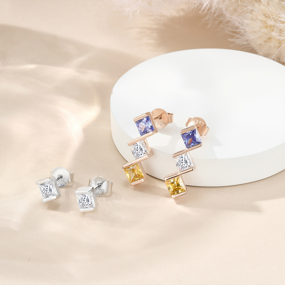 Personalisierte 1-5 Quadrat Familie Birthstones Ohrringe Zierlich Schmuck Geburtstag Jahrestag Geschenk für Frauen