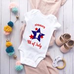 Personalized Blue Red Star First 4th of July 100% Cotton Baby Bodysuit with Name Patriotic Independence Day Gift for Girl Boy Newborn