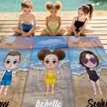 Personalisiertes Himmelblau Sonnenuntergang Cartoon Strandfigur Strandtuch mit Namen Sommer Urlaub Zubehör Geburtstag Geschenk für Familie Freunde