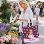 Personalisierte Große Cartoon Mädchen Blumenmuster Tragetasche mit Namen Luftkuss-Geste Alltag Essentials Geburtstag Jahrestag Geschenk für Damen