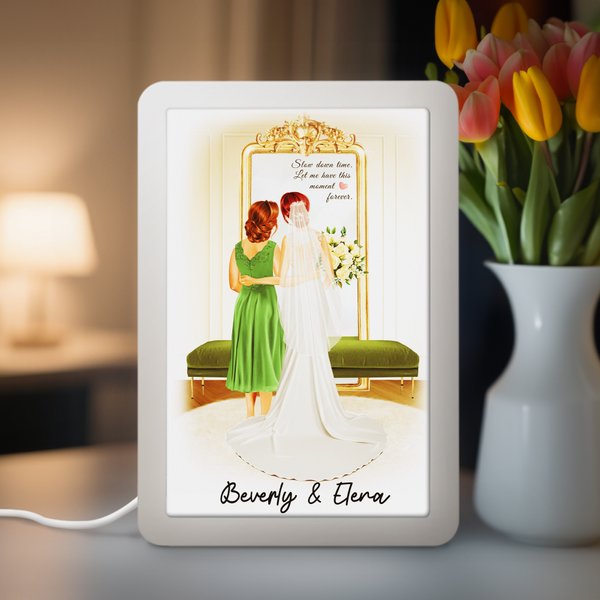 Personalised Cartoon Bride and Mom LED Photo Frame Mirror with Names and Text Wedding Anniversary Gift for Women Brides