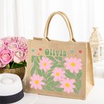 Personalized Floral Eco-Friendly Jute Tote Bag with Name Birthday Anniversary Wedding Gift for Women