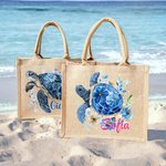 Borsa tote in iuta personalizzato con nome e tartaruga marina motivo floreale accessorio da viaggio festa in spiaggia regalo di compleanno per donne