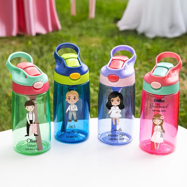 Personalized Cute Cartoon Character 16 oz Water Bottle with Name and Date Bridal Shower Wedding Gift for Flower Girls Ring Bearers