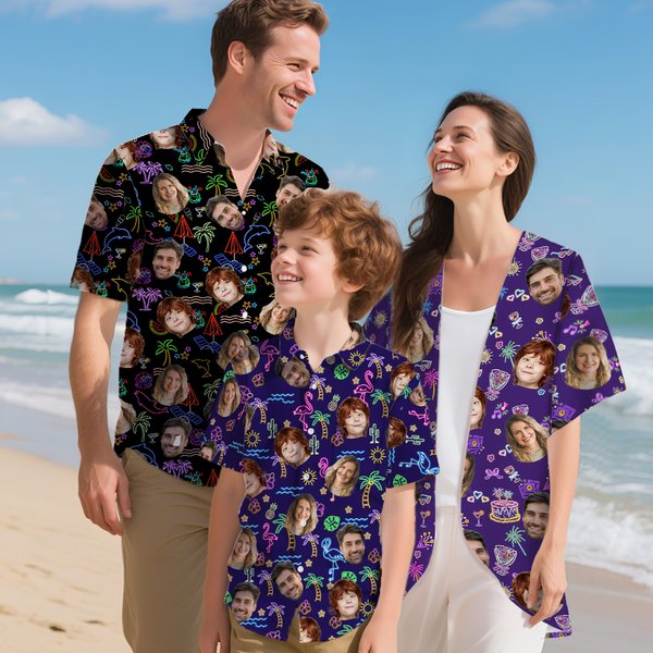 Personalisierte Hund Katze Charakter 1-3 Gesicht Fotos Flamingo Delphin Shirt Set Strand Party Geburtstag Geschenk für Familie Haustierliebhaber