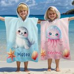 Toalla de playa con capucha personalizada de secado rápido con animal marino y nombre regalo para vacaciones de verano y cumpleaños de niños