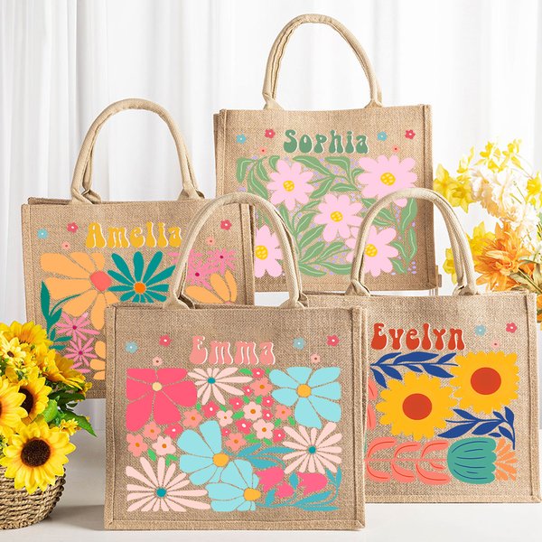 Personalized Floral Eco-Friendly Jute Tote Bag with Name Birthday Anniversary Wedding Gift for Women