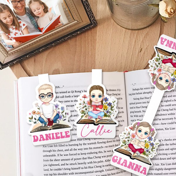 Segnalibro personalizzato con personaggio che legge e nome magnetico tema floreale accessorio regalo di compleanno per chi ama leggere