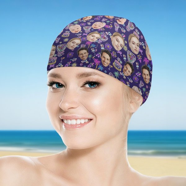 Personalisierte Flamingo Delphin Bouquet 1-3 Gesicht Fotos Bequeme Badekappe Schwimmen Zubehör Geburtstag Geschenk für Männer Frauen Erwachsene