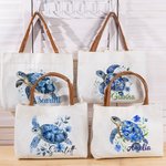 Personalized Blue Floral Sea Turtle Reusable Canvas Tote Bag with Name and PU Leather Handle Travel Essentials Birthday Gift for Women