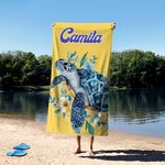 Serviette de Plage Personnalisée avec Nom et Motif Floral de Tortue Accessoire Séchage Rapide Cadeau Été Vacances pour Ami Famille